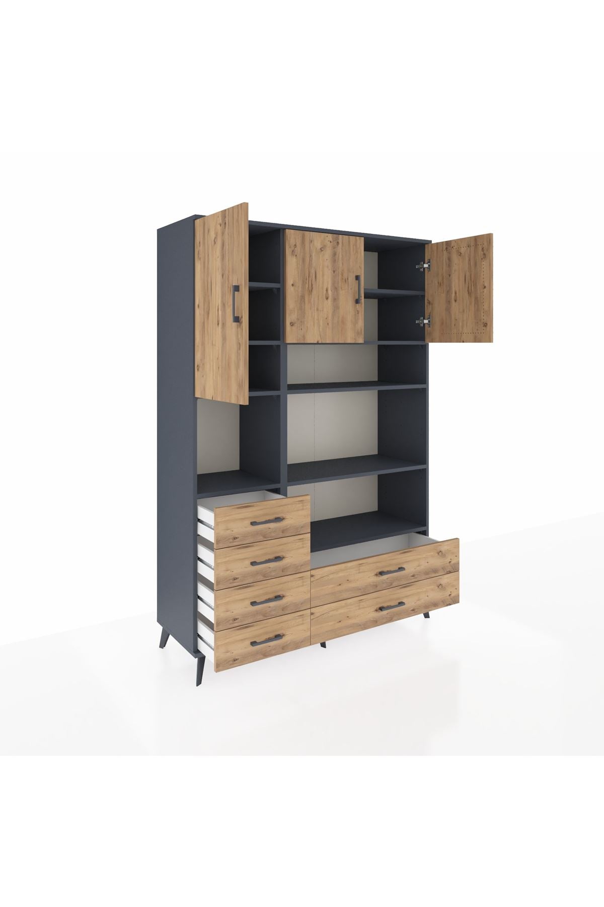 Hyperion Dolap 9 Raflı 6 Çekmeceli 3 Kapaklı 132x44x195 Antrasit-Çam/Çam