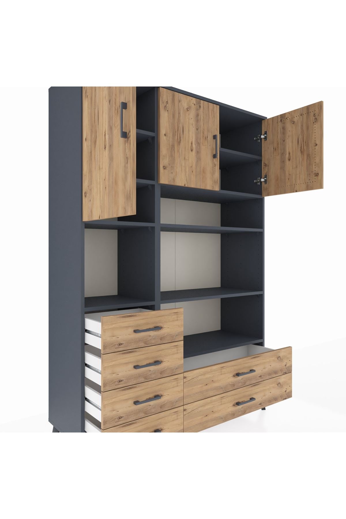 Hyperion Dolap 9 Raflı 6 Çekmeceli 3 Kapaklı 132x44x195 Antrasit-Çam/Çam