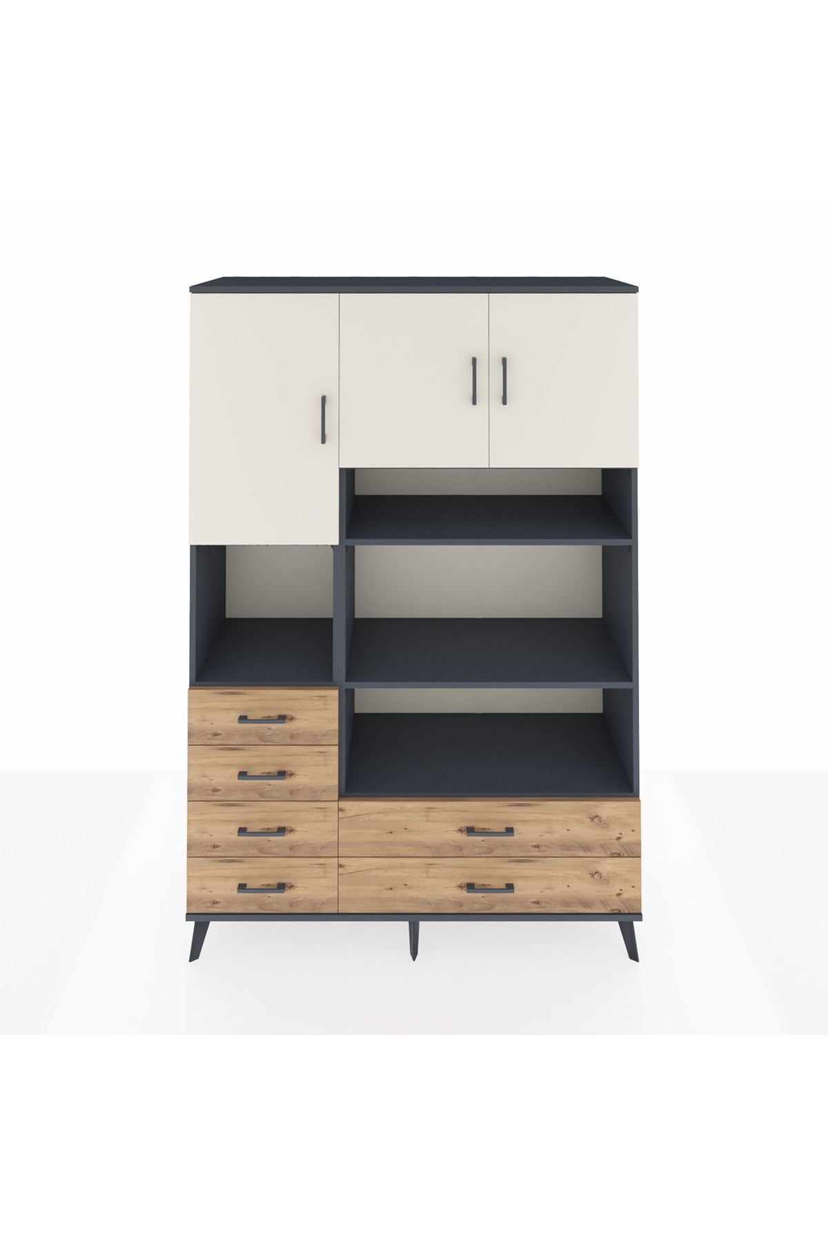Hyperion Dolap 9 Raflı 6 Çekmeceli 3 Kapaklı 132x44x195 Antrasit-Aytaşı/Çam