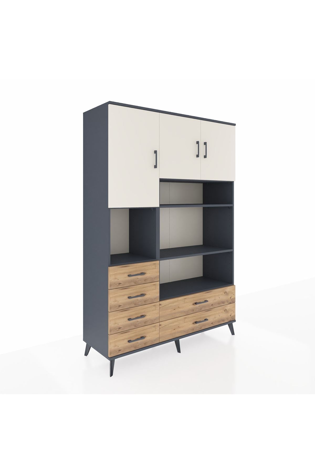 Hyperion Dolap 9 Raflı 6 Çekmeceli 3 Kapaklı 132x44x195 Antrasit-Aytaşı/Çam