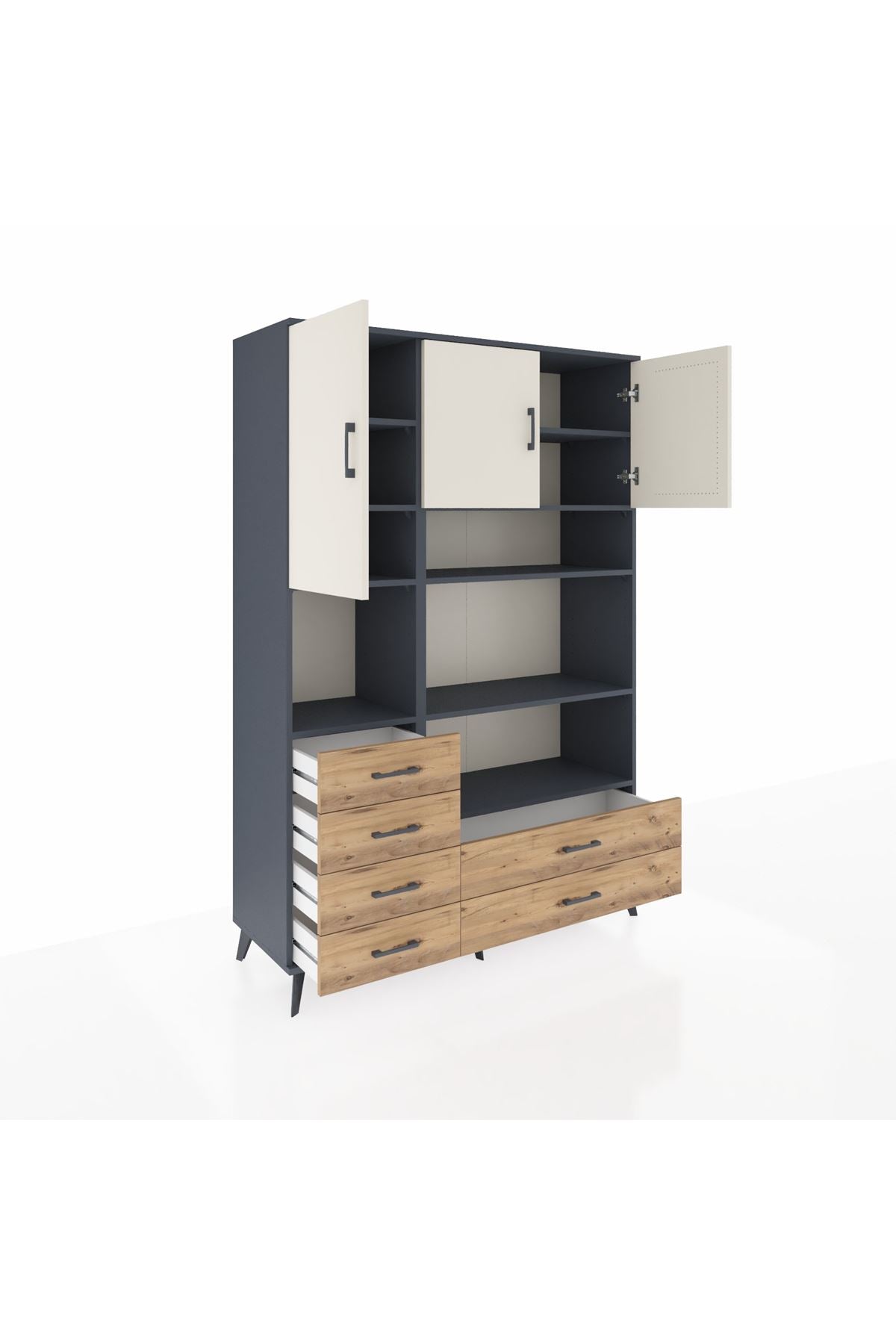 Hyperion Dolap 9 Raflı 6 Çekmeceli 3 Kapaklı 132x44x195 Antrasit-Aytaşı/Çam