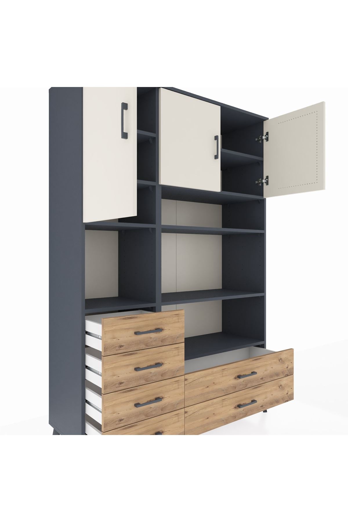 Hyperion Dolap 9 Raflı 6 Çekmeceli 3 Kapaklı 132x44x195 Antrasit-Aytaşı/Çam