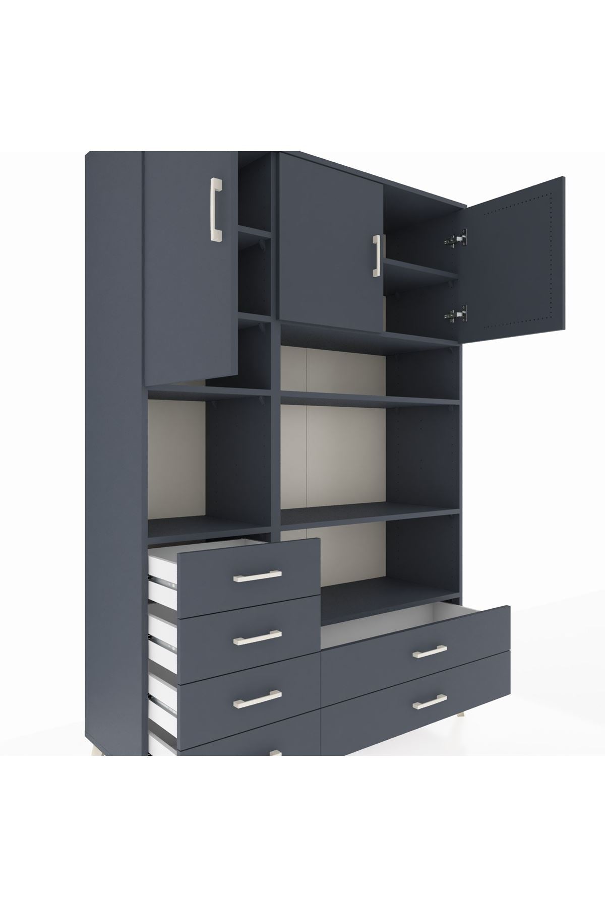 Hyperion Dolap 9 Raflı 6 Çekmeceli 3 Kapaklı 132x44x195 Antrasit-Antrasit/Antrasit