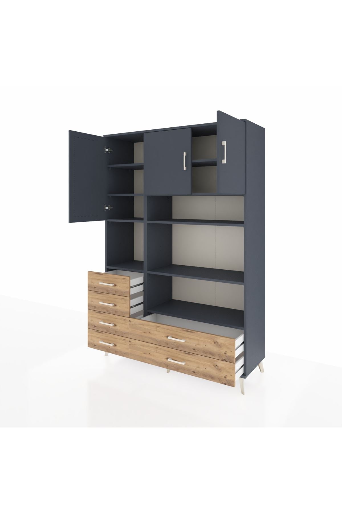 Hyperion Dolap 9 Raflı 6 Çekmeceli 3 Kapaklı 132x44x195 Antrasit-Antrasit/Çam