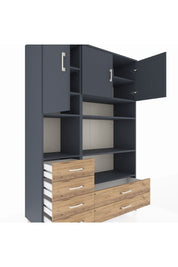 Hyperion Dolap 9 Raflı 6 Çekmeceli 3 Kapaklı 132x44x195 Antrasit-Antrasit/Çam