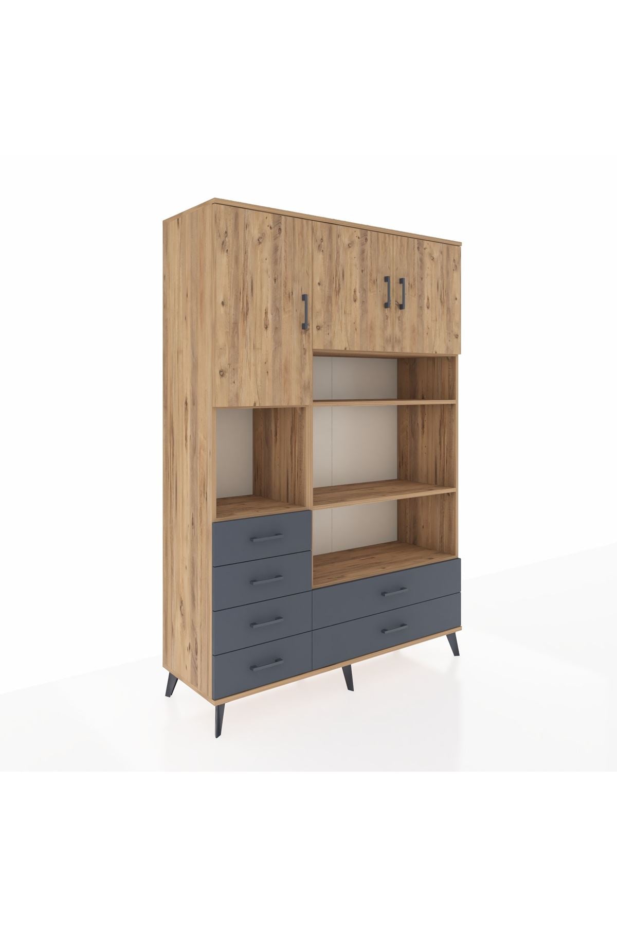 Hyperion Dolap 9 Raflı 6 Çekmeceli 3 Kapaklı 132x44x195 Çam-Çam/Antrasit
