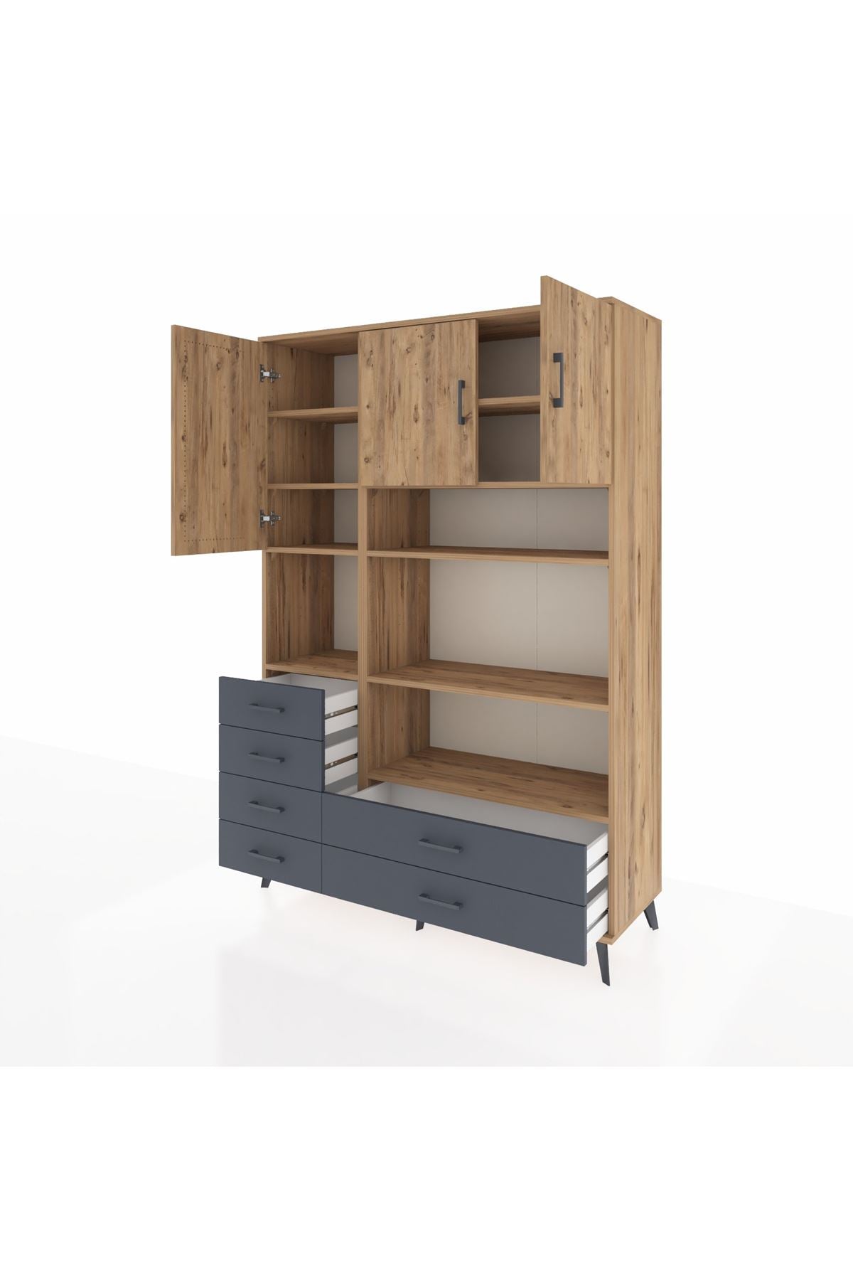 Hyperion Dolap 9 Raflı 6 Çekmeceli 3 Kapaklı 132x44x195 Çam-Çam/Antrasit