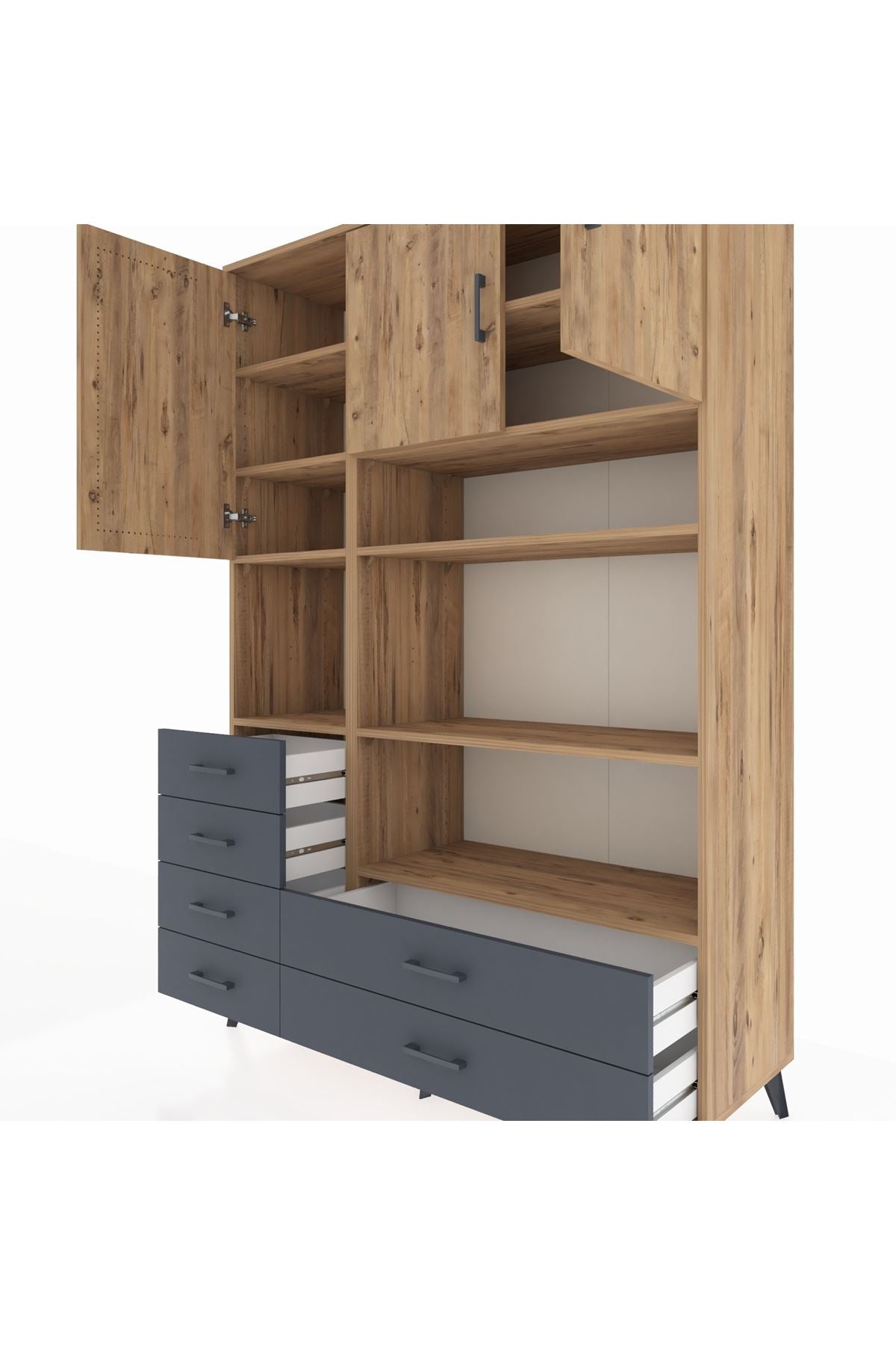 Hyperion Dolap 9 Raflı 6 Çekmeceli 3 Kapaklı 132x44x195 Çam-Çam/Antrasit