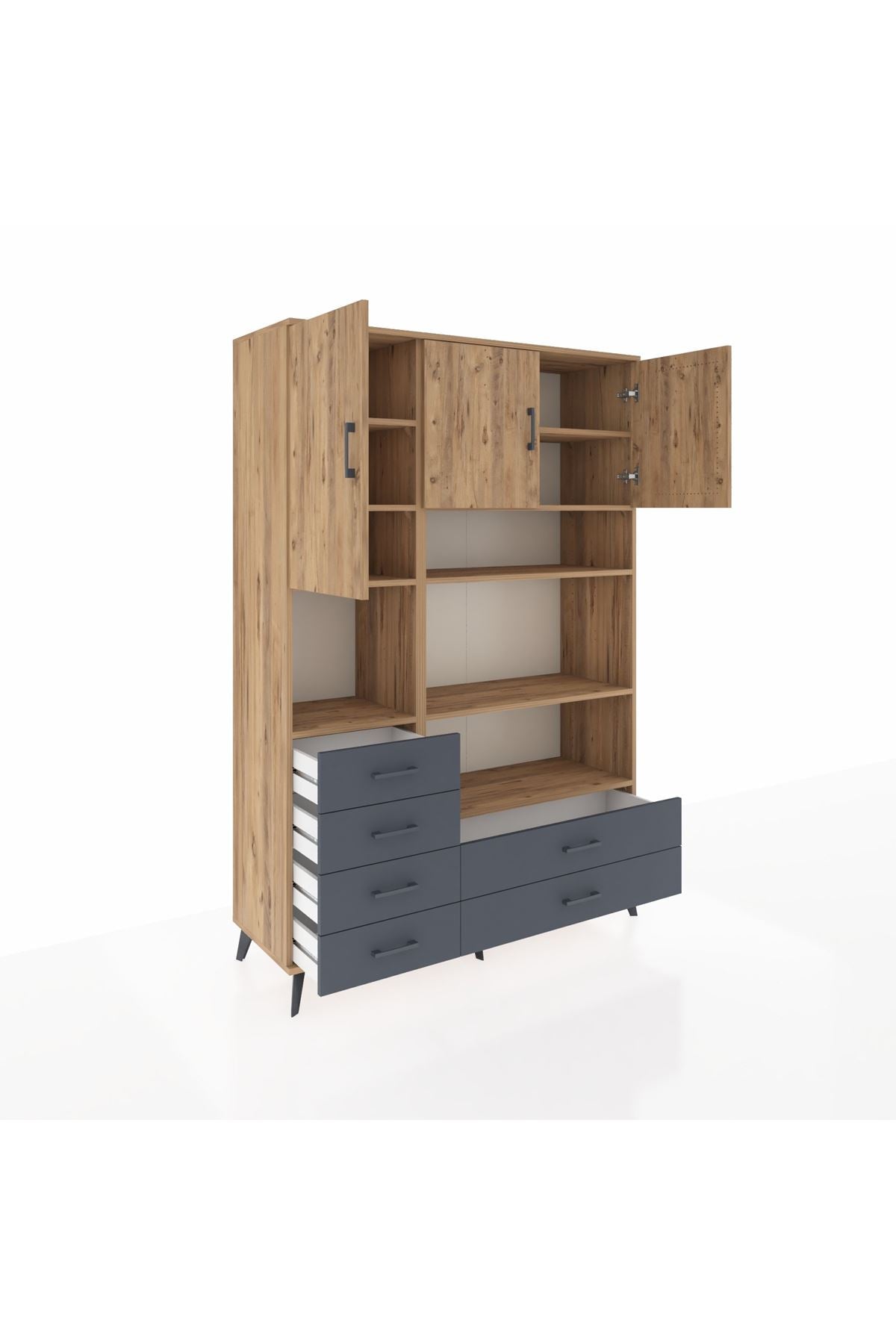 Hyperion Dolap 9 Raflı 6 Çekmeceli 3 Kapaklı 132x44x195 Çam-Çam/Antrasit