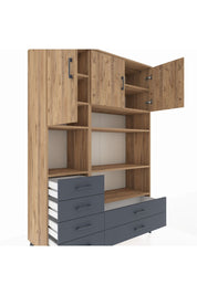 Hyperion Dolap 9 Raflı 6 Çekmeceli 3 Kapaklı 132x44x195 Çam-Çam/Antrasit