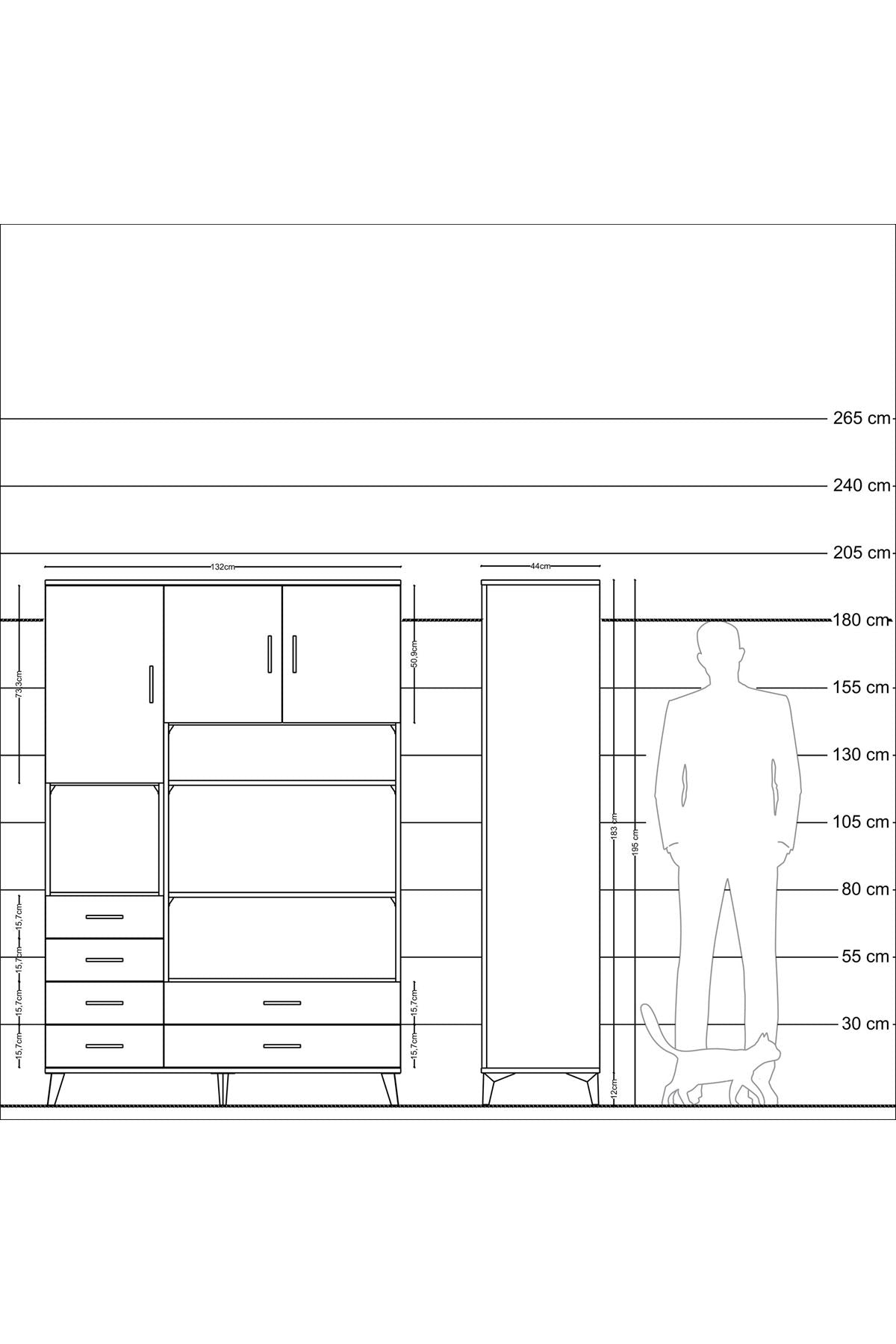 Hyperion Dolap 9 Raflı 6 Çekmeceli 3 Kapaklı 132x44x195 Çam-Çam/Antrasit