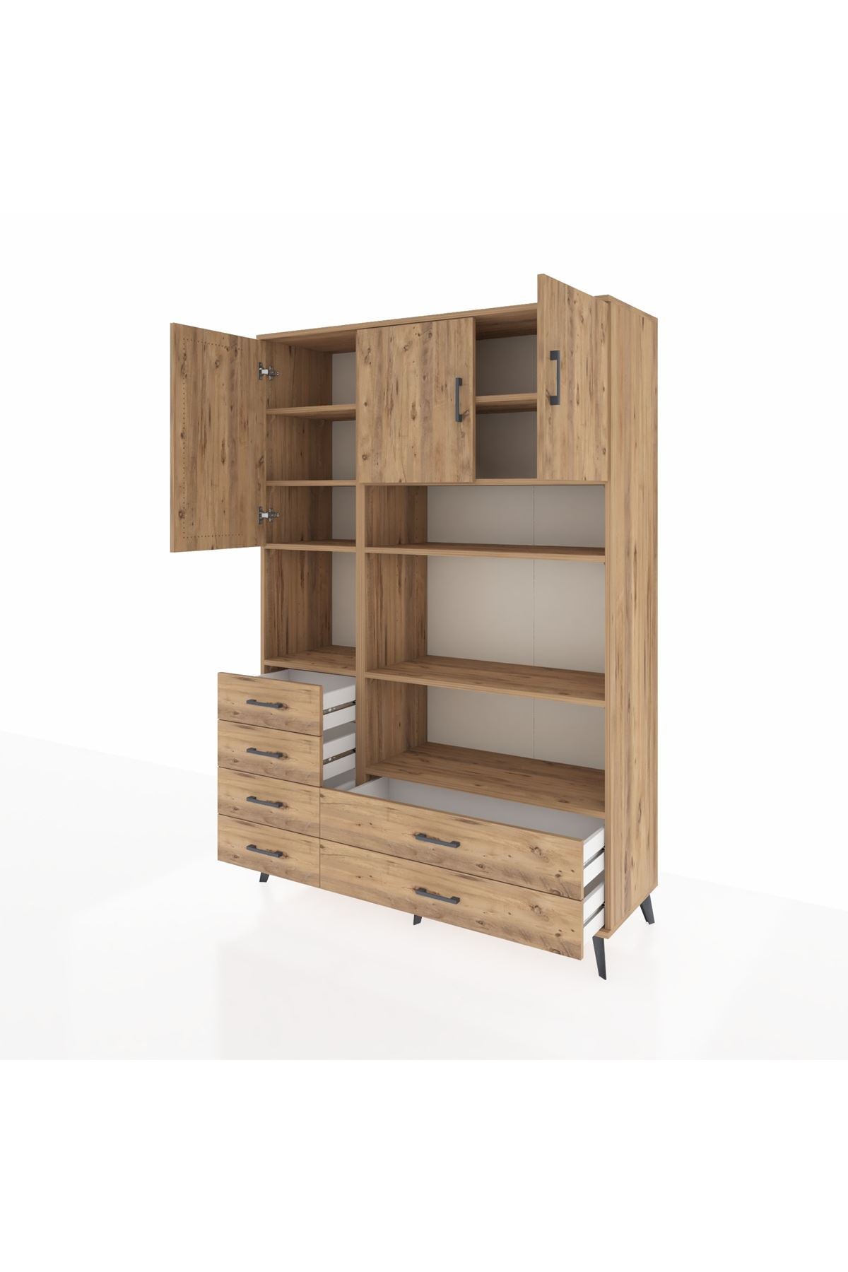 Hyperion Dolap 9 Raflı 6 Çekmeceli 3 Kapaklı 132x44x195 Çam-Çam/Çam