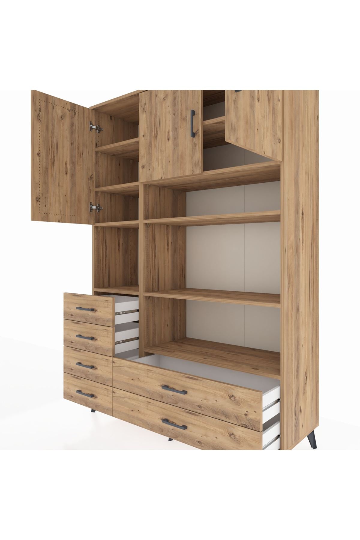 Hyperion Dolap 9 Raflı 6 Çekmeceli 3 Kapaklı 132x44x195 Çam-Çam/Çam