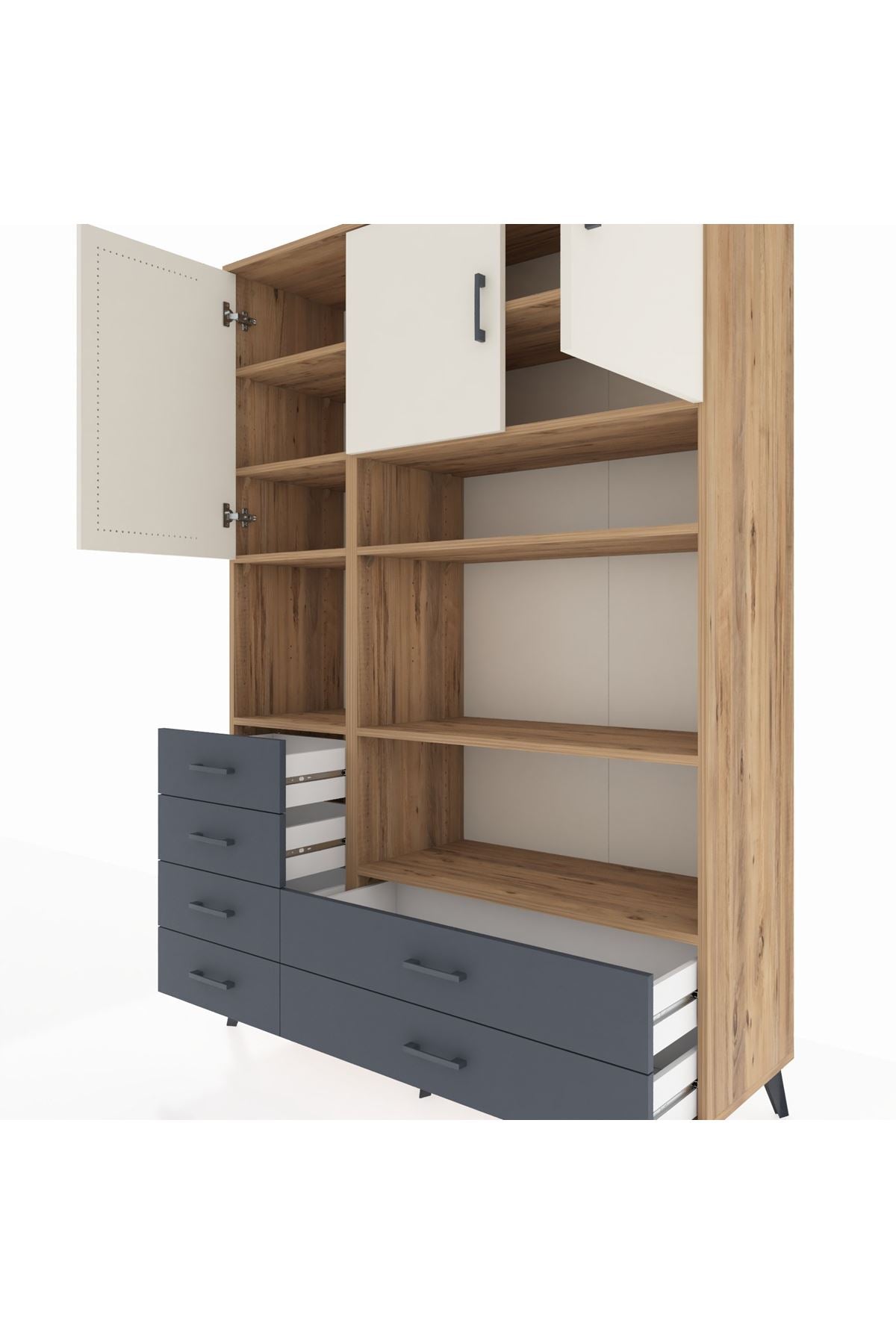 Hyperion Dolap 9 Raflı 6 Çekmeceli 3 Kapaklı 132x44x195 Çam-Aytaşı/Antrasit