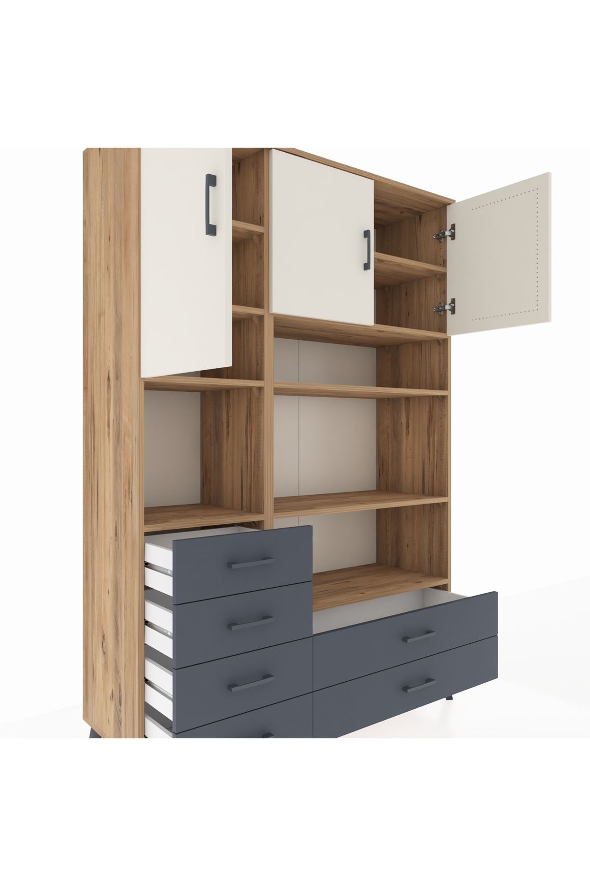 Hyperion Dolap 9 Raflı 6 Çekmeceli 3 Kapaklı 132x44x195 Çam-Aytaşı/Antrasit