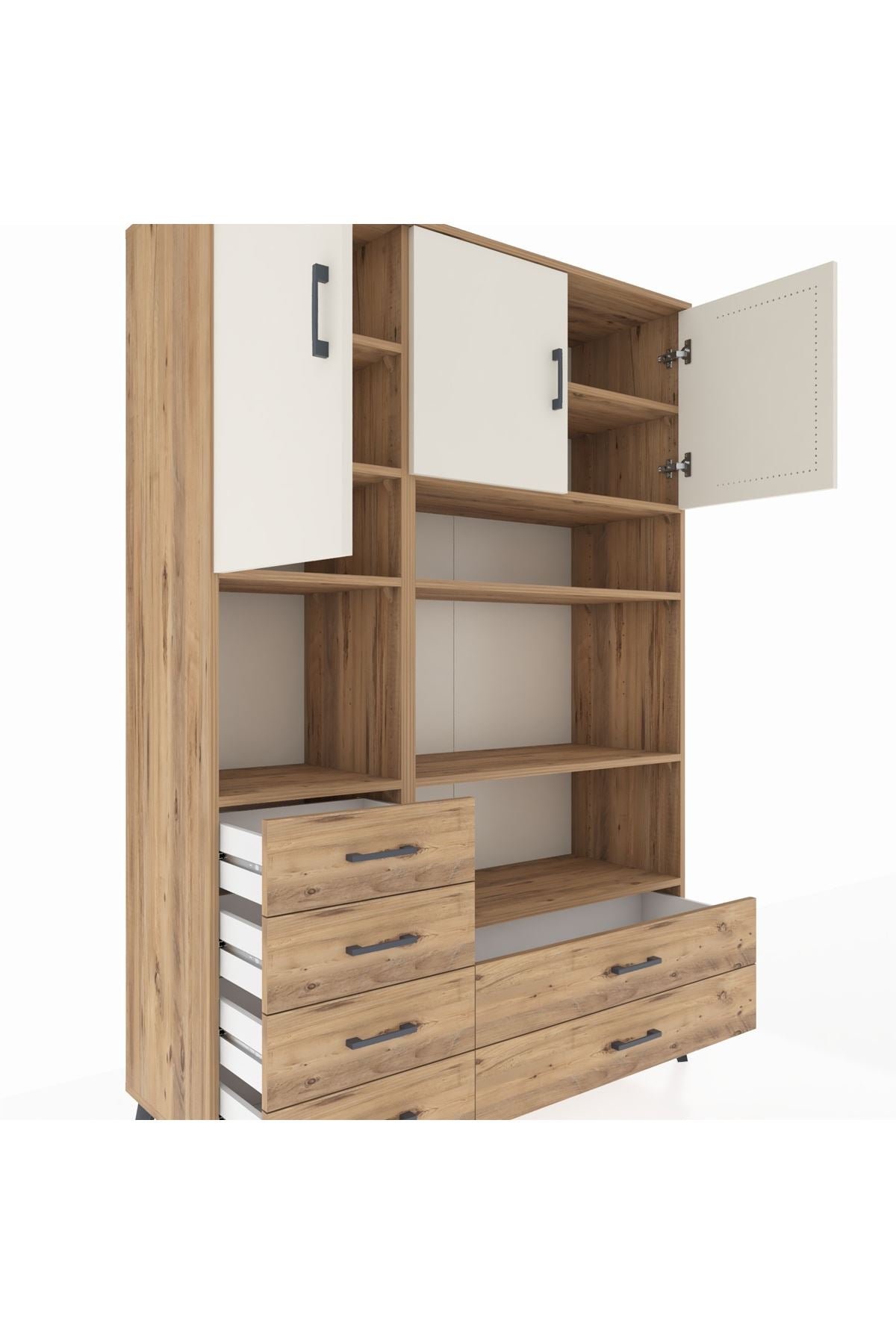 Hyperion Dolap 9 Raflı 6 Çekmeceli 3 Kapaklı 132x44x195 Çam-Aytaşı/Çam