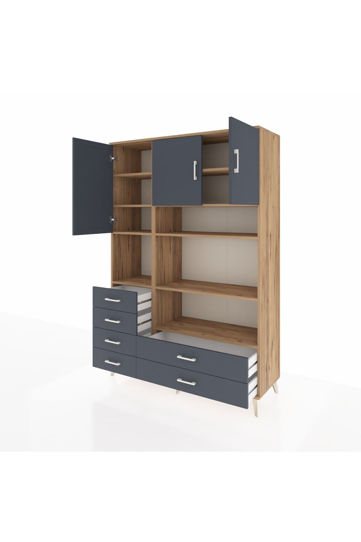 Hyperion Dolap 9 Raflı 6 Çekmeceli 3 Kapaklı 132x44x195 Çam-Antrasit/Antrasit