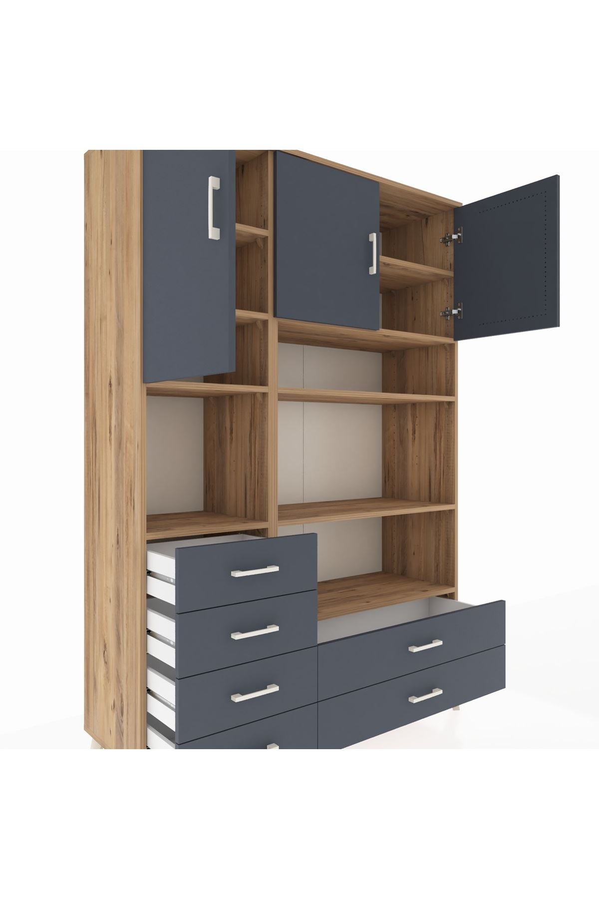 Hyperion Dolap 9 Raflı 6 Çekmeceli 3 Kapaklı 132x44x195 Çam-Antrasit/Antrasit
