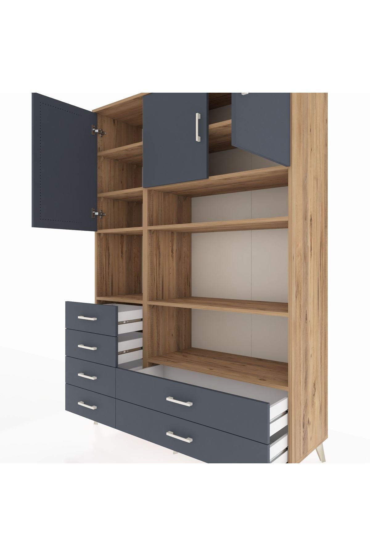 Hyperion Dolap 9 Raflı 6 Çekmeceli 3 Kapaklı 132x44x195 Çam-Antrasit/Antrasit