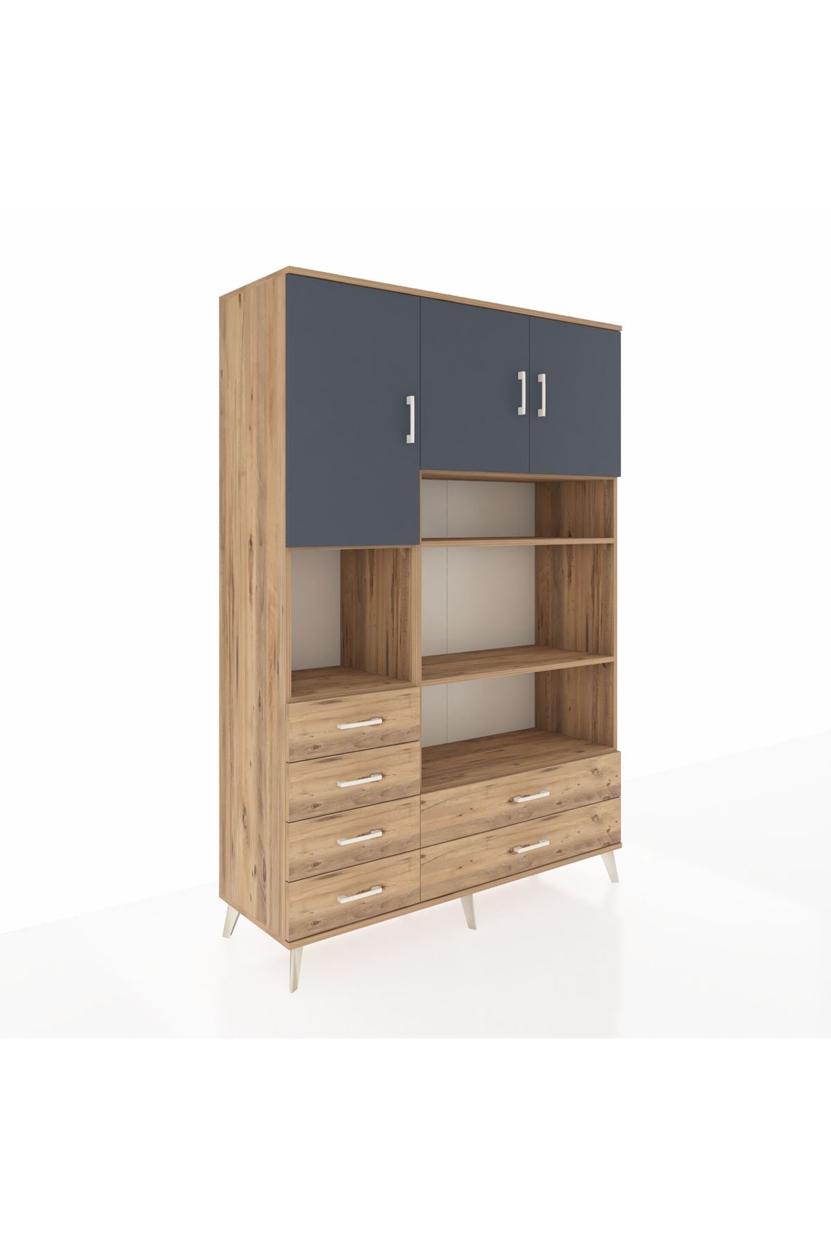 Hyperion Dolap 9 Raflı 6 Çekmeceli 3 Kapaklı 132x44x195 Çam-Antrasit/Çam