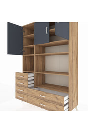 Hyperion Dolap 9 Raflı 6 Çekmeceli 3 Kapaklı 132x44x195 Çam-Antrasit/Çam