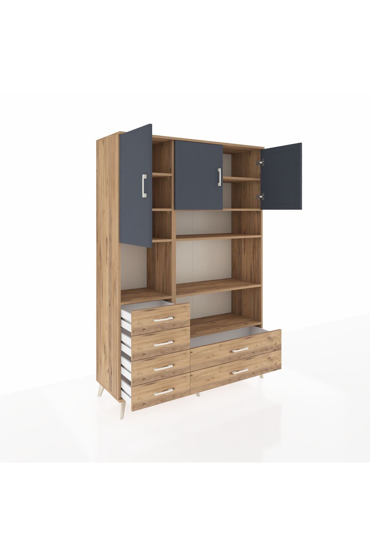 Hyperion Dolap 9 Raflı 6 Çekmeceli 3 Kapaklı 132x44x195 Çam-Antrasit/Çam