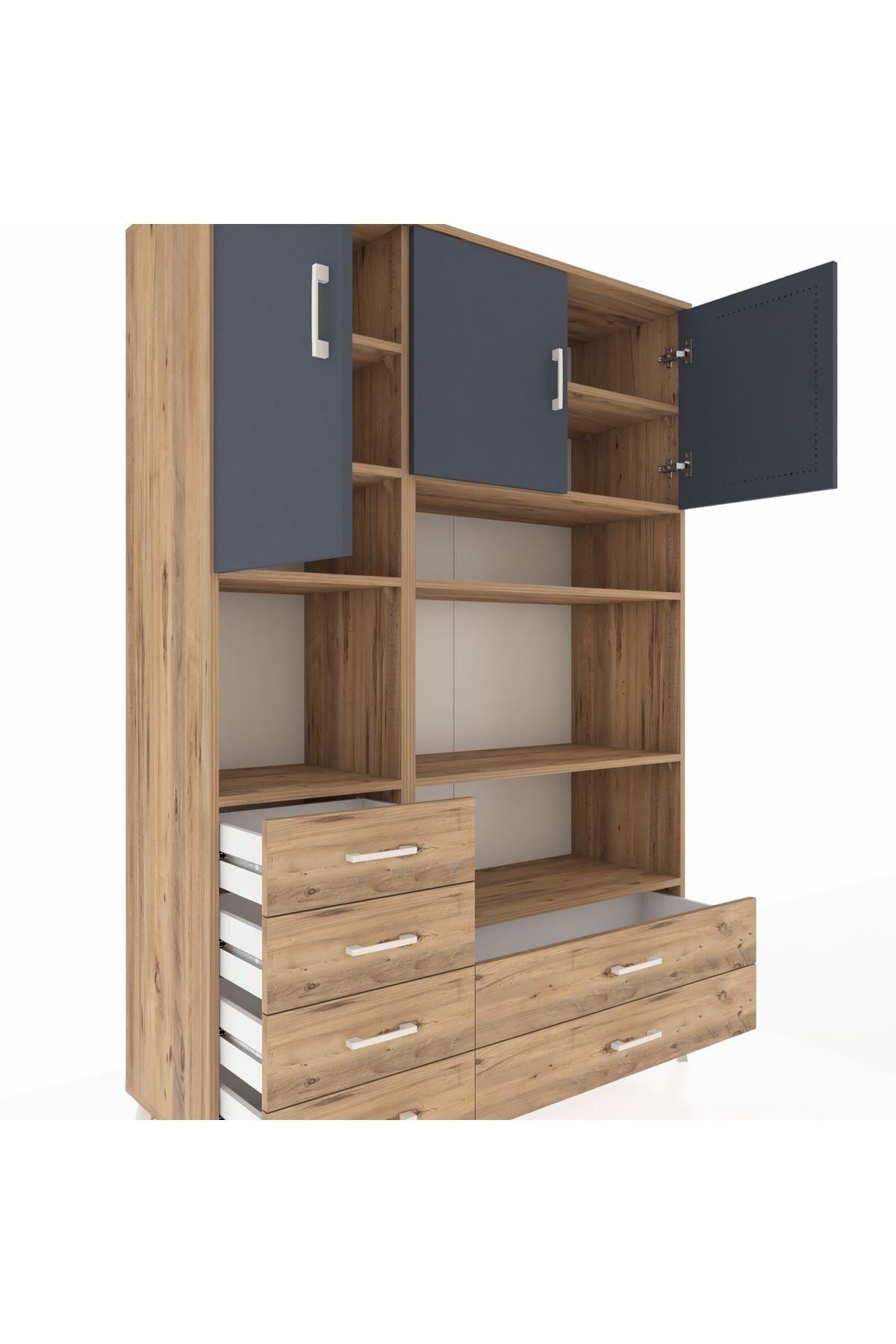 Hyperion Dolap 9 Raflı 6 Çekmeceli 3 Kapaklı 132x44x195 Çam-Antrasit/Çam