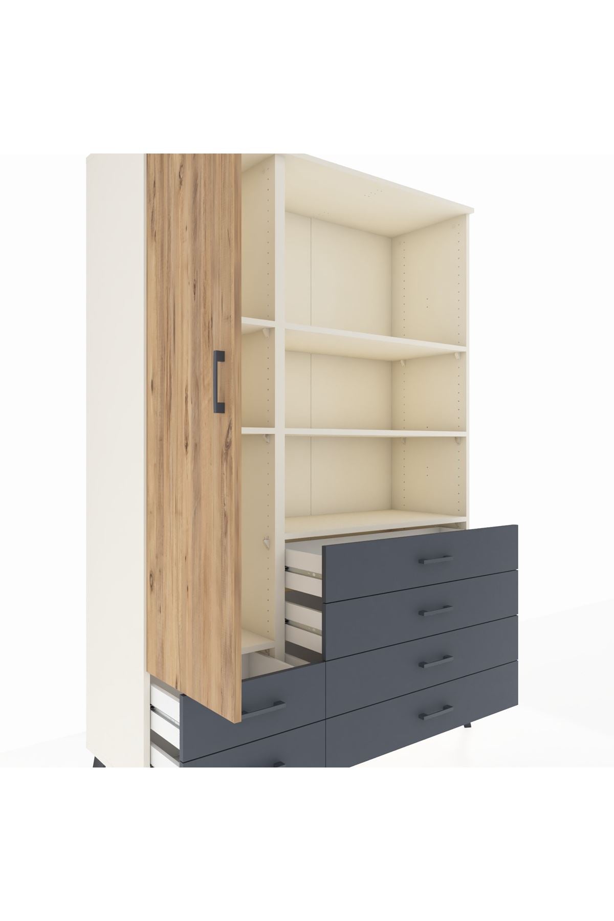 Hyperion Dolap 7 Raflı 6 Çekmeceli Tek Kapaklı  132x44x195 Aytaşı-Çam/Antrasit