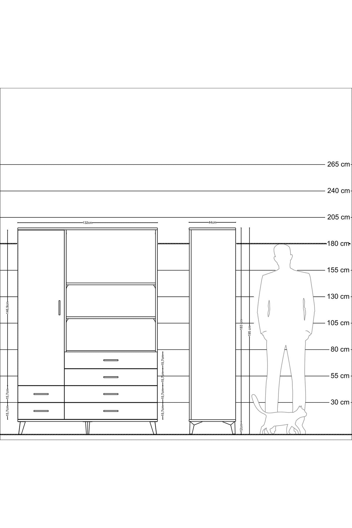 Hyperion Dolap 7 Raflı 6 Çekmeceli Tek Kapaklı  132x44x195 Aytaşı-Antrasit/Aytaşı