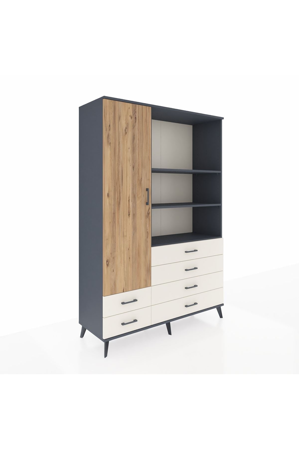 Hyperion Dolap 7 Raflı 6 Çekmeceli Tek Kapaklı  132x44x195 Antrasit-Çam/Aytaşı