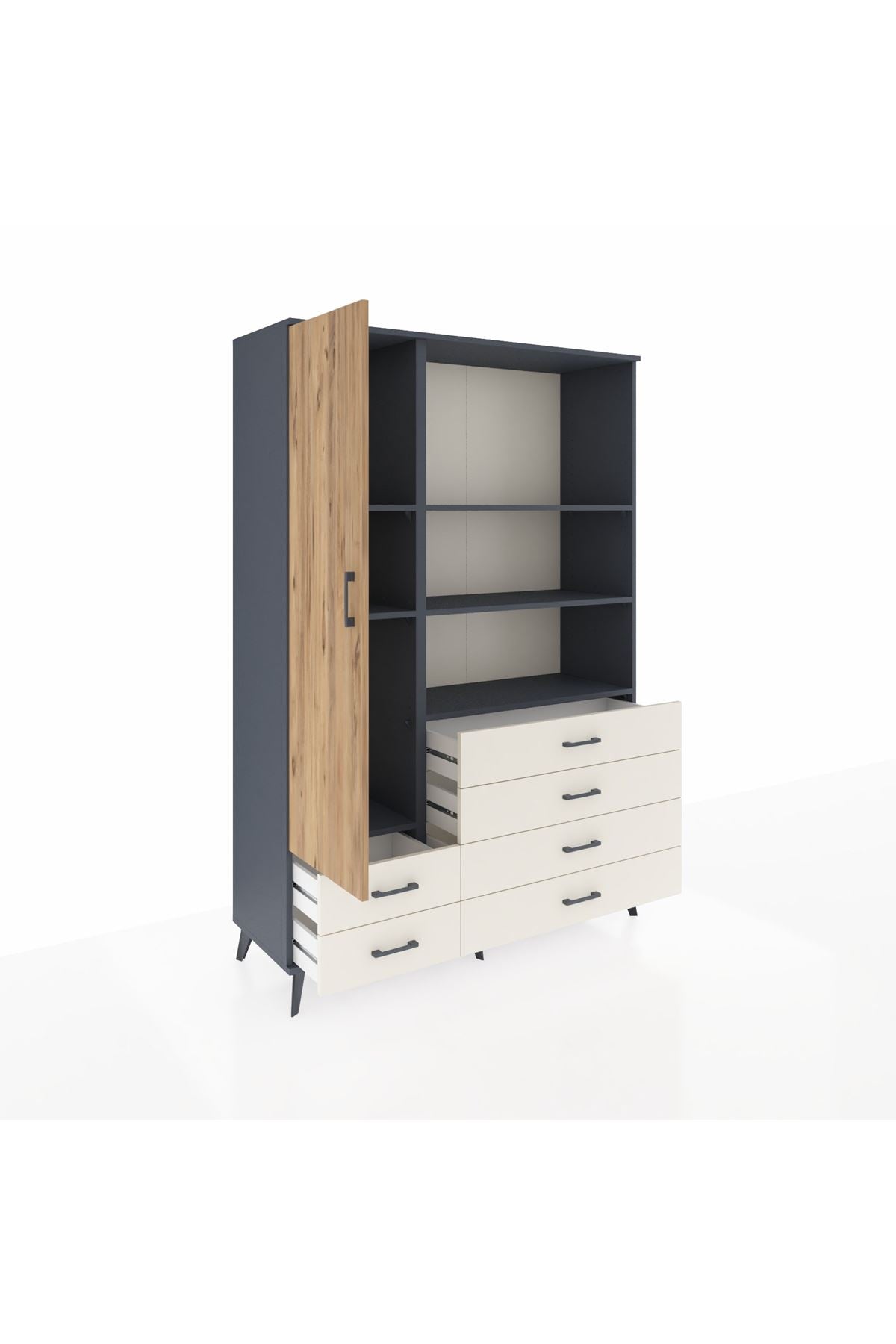 Hyperion Dolap 7 Raflı 6 Çekmeceli Tek Kapaklı  132x44x195 Antrasit-Çam/Aytaşı