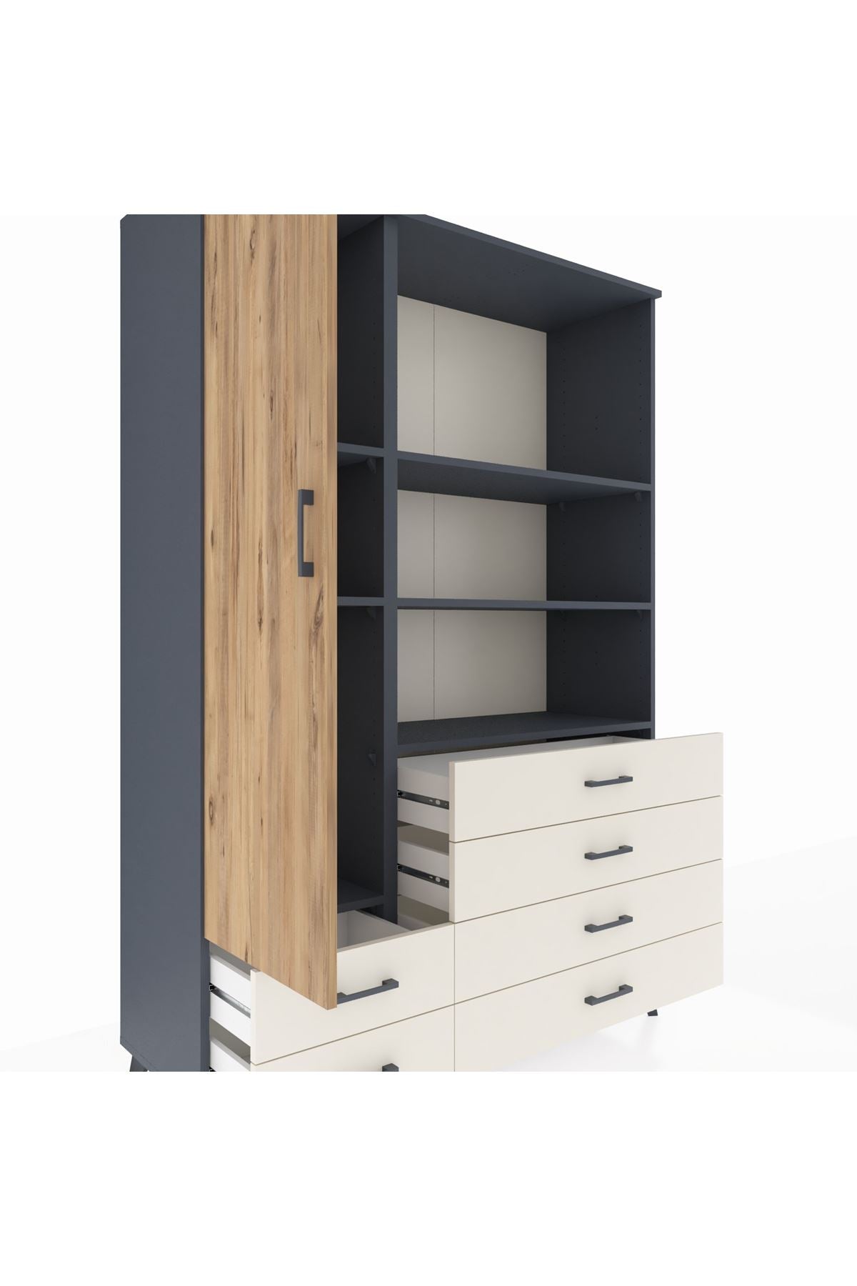 Hyperion Dolap 7 Raflı 6 Çekmeceli Tek Kapaklı  132x44x195 Antrasit-Çam/Aytaşı