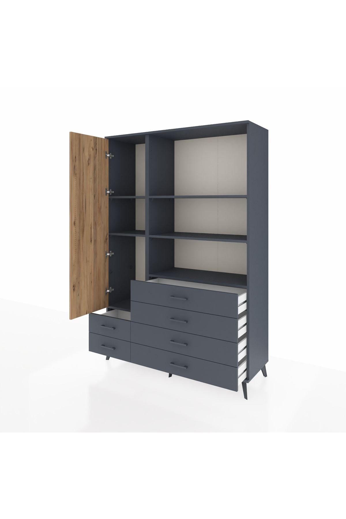 Hyperion Dolap 7 Raflı 6 Çekmeceli Tek Kapaklı  132x44x195 Antrasit-Çam/Antrasit