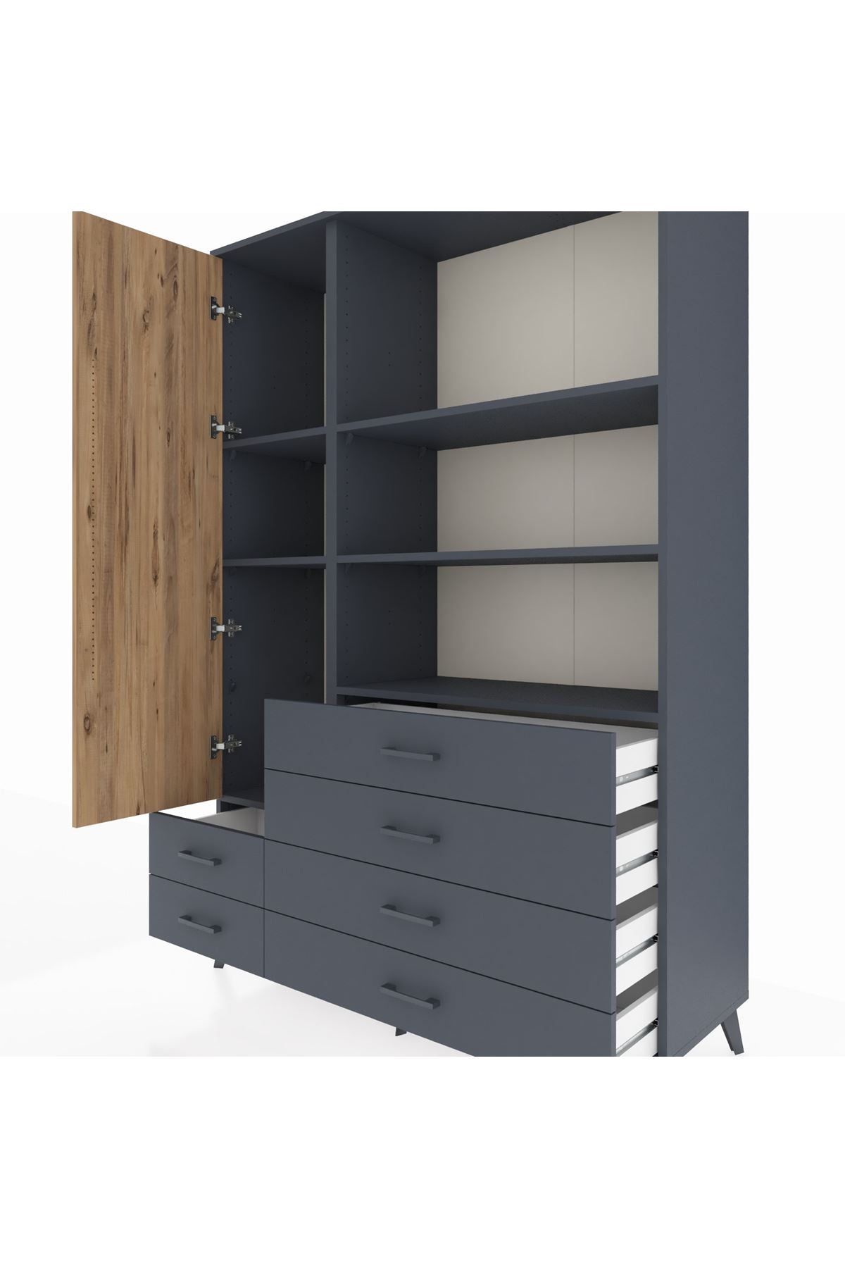 Hyperion Dolap 7 Raflı 6 Çekmeceli Tek Kapaklı  132x44x195 Antrasit-Çam/Antrasit