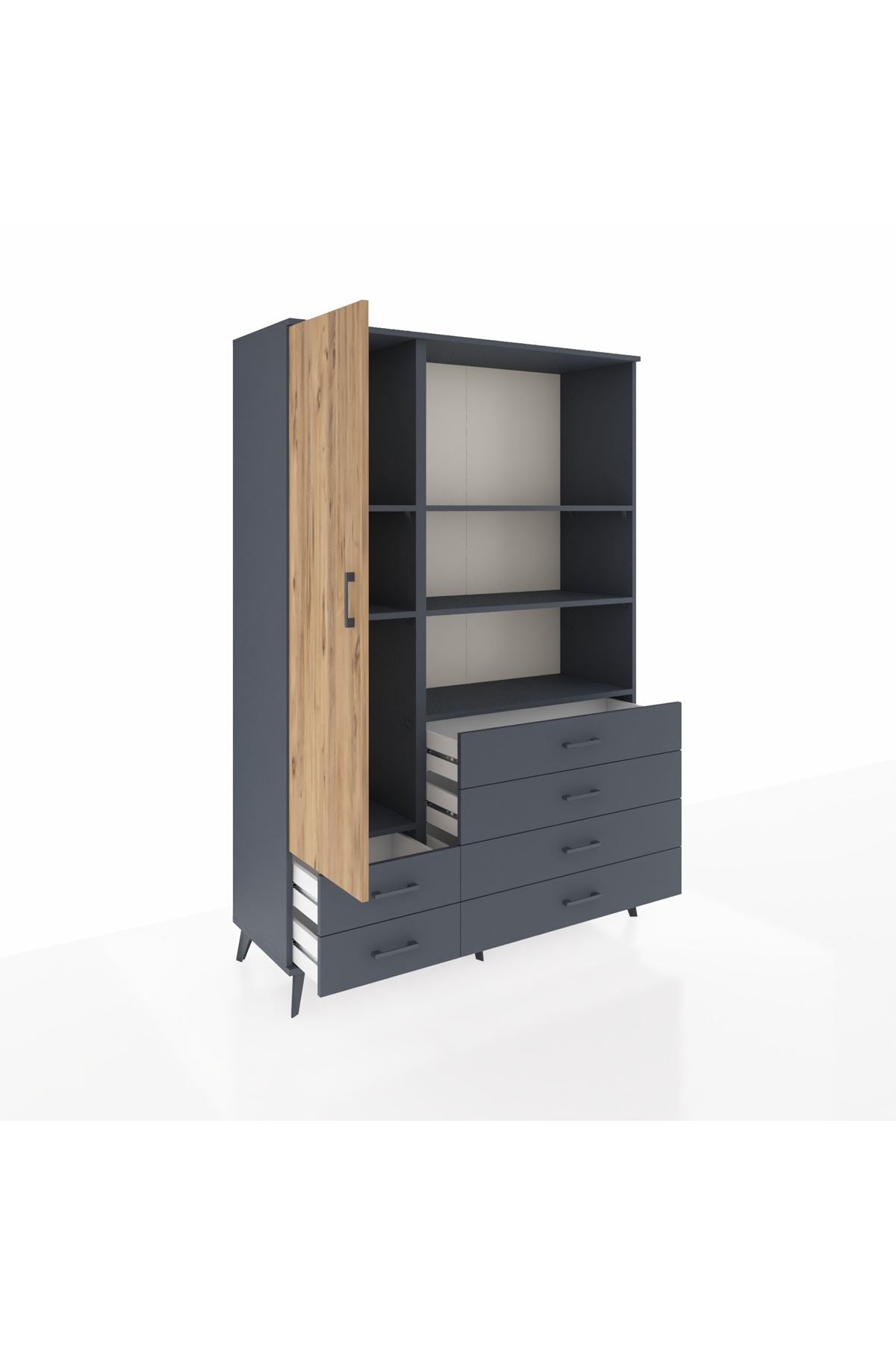 Hyperion Dolap 7 Raflı 6 Çekmeceli Tek Kapaklı  132x44x195 Antrasit-Çam/Antrasit