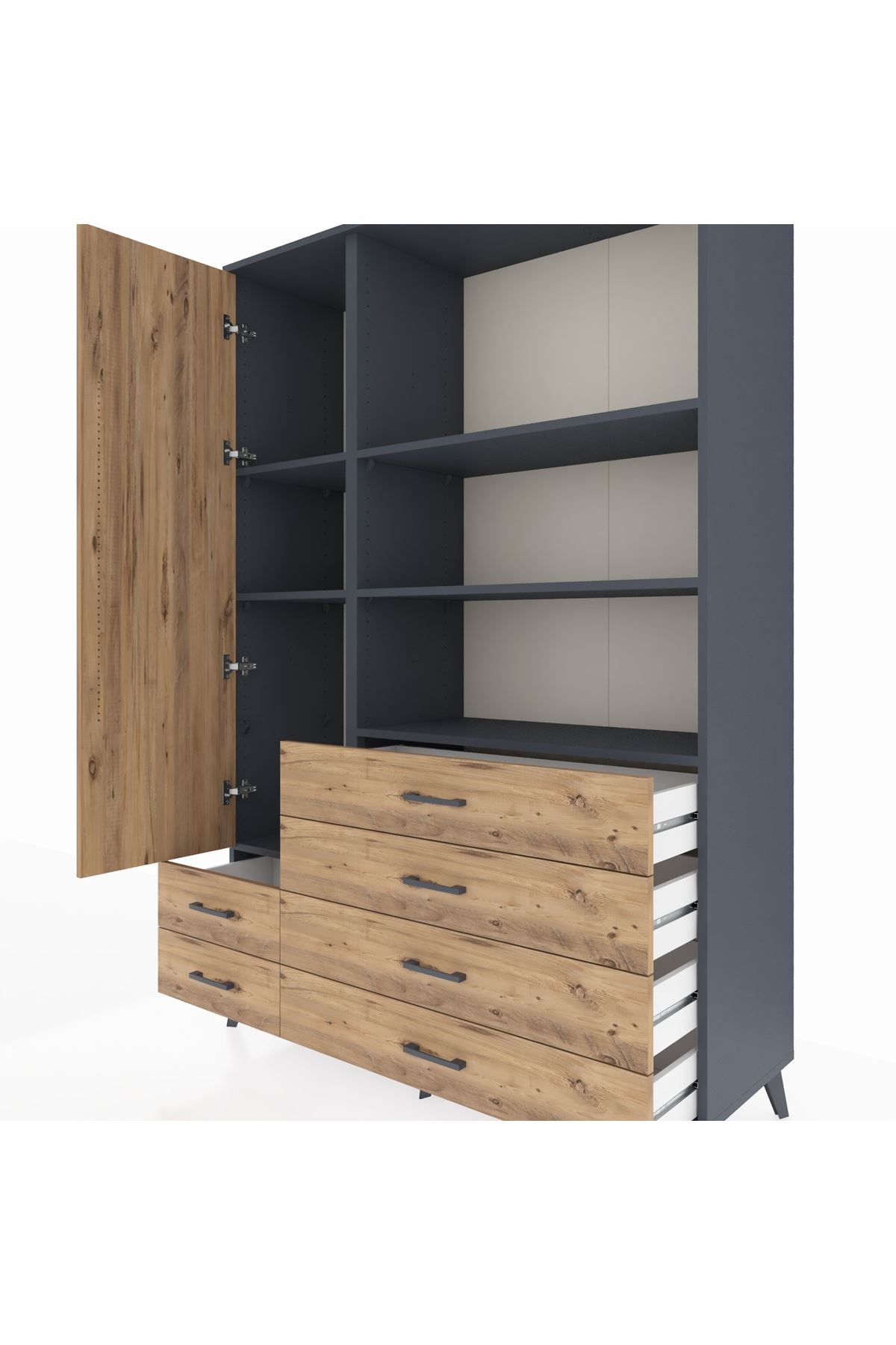 Hyperion Dolap 7 Raflı 6 Çekmeceli Tek Kapaklı  132x44x195 Antrasit-Çam/Çam