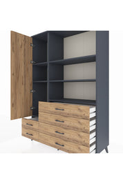 Hyperion Dolap 7 Raflı 6 Çekmeceli Tek Kapaklı  132x44x195 Antrasit-Çam/Çam