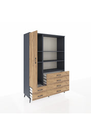 Hyperion Dolap 7 Raflı 6 Çekmeceli Tek Kapaklı  132x44x195 Antrasit-Çam/Çam