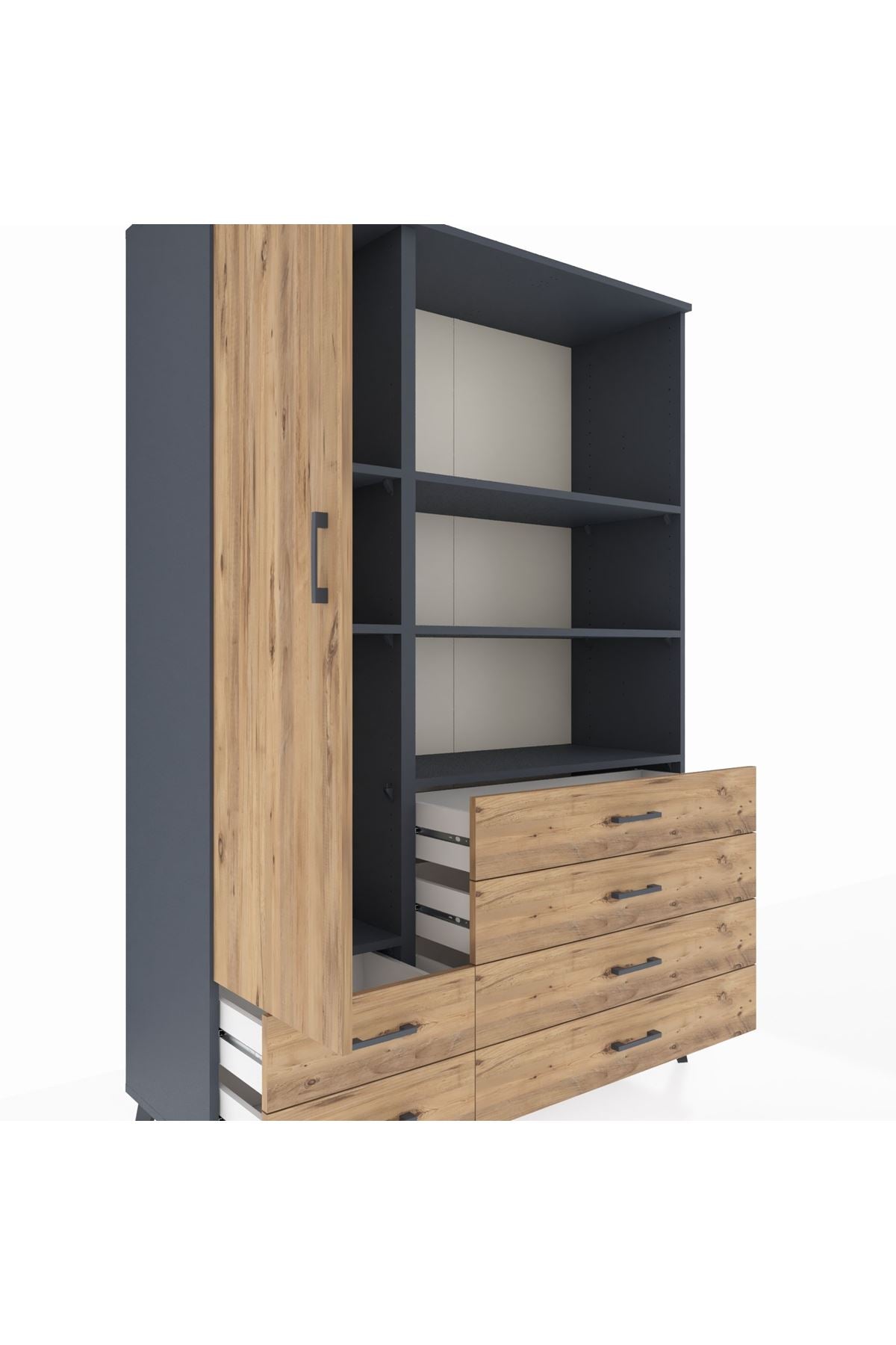 Hyperion Dolap 7 Raflı 6 Çekmeceli Tek Kapaklı  132x44x195 Antrasit-Çam/Çam