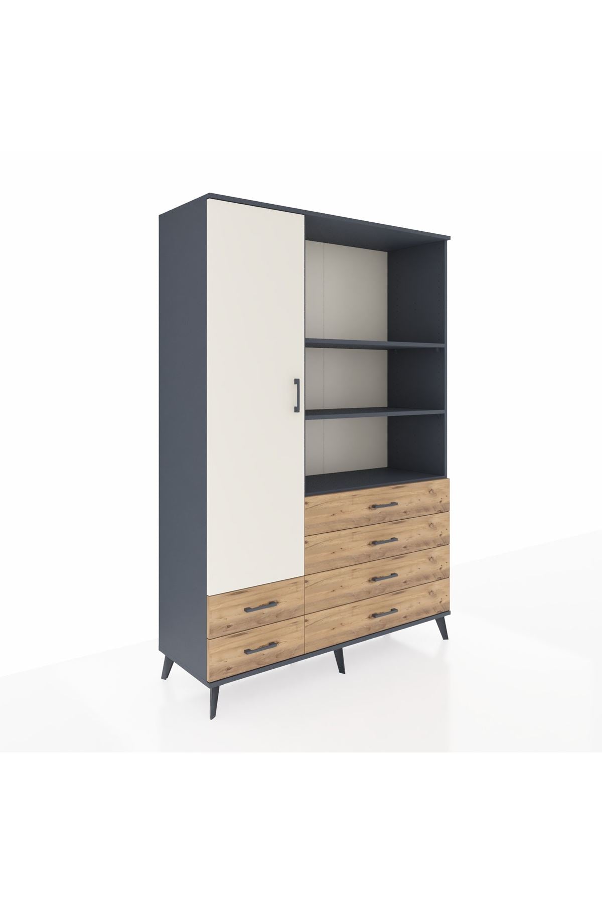 Hyperion Dolap 7 Raflı 6 Çekmeceli Tek Kapaklı  132x44x195 Antrasit-Aytaşı/Çam