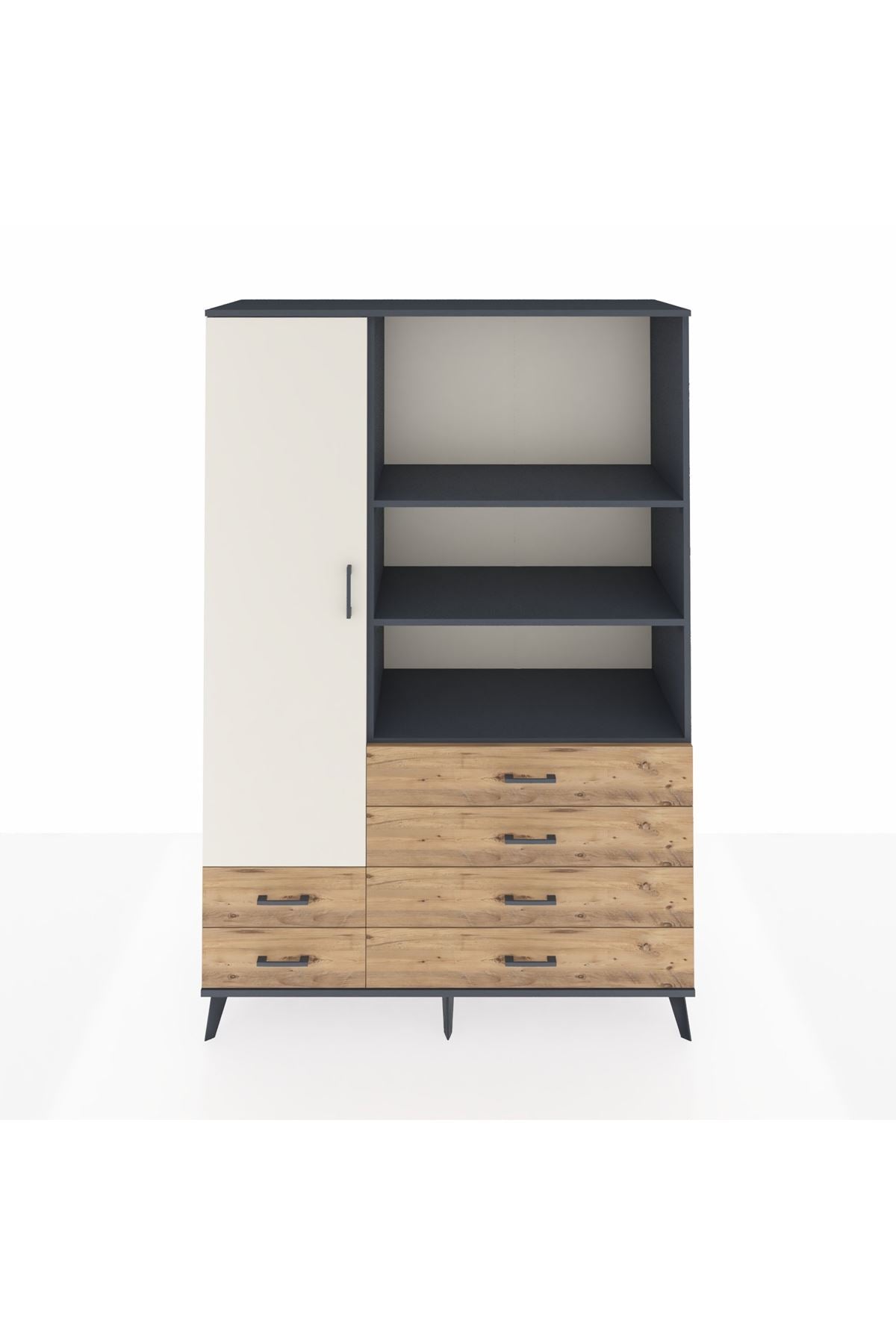 Hyperion Dolap 7 Raflı 6 Çekmeceli Tek Kapaklı  132x44x195 Antrasit-Aytaşı/Çam