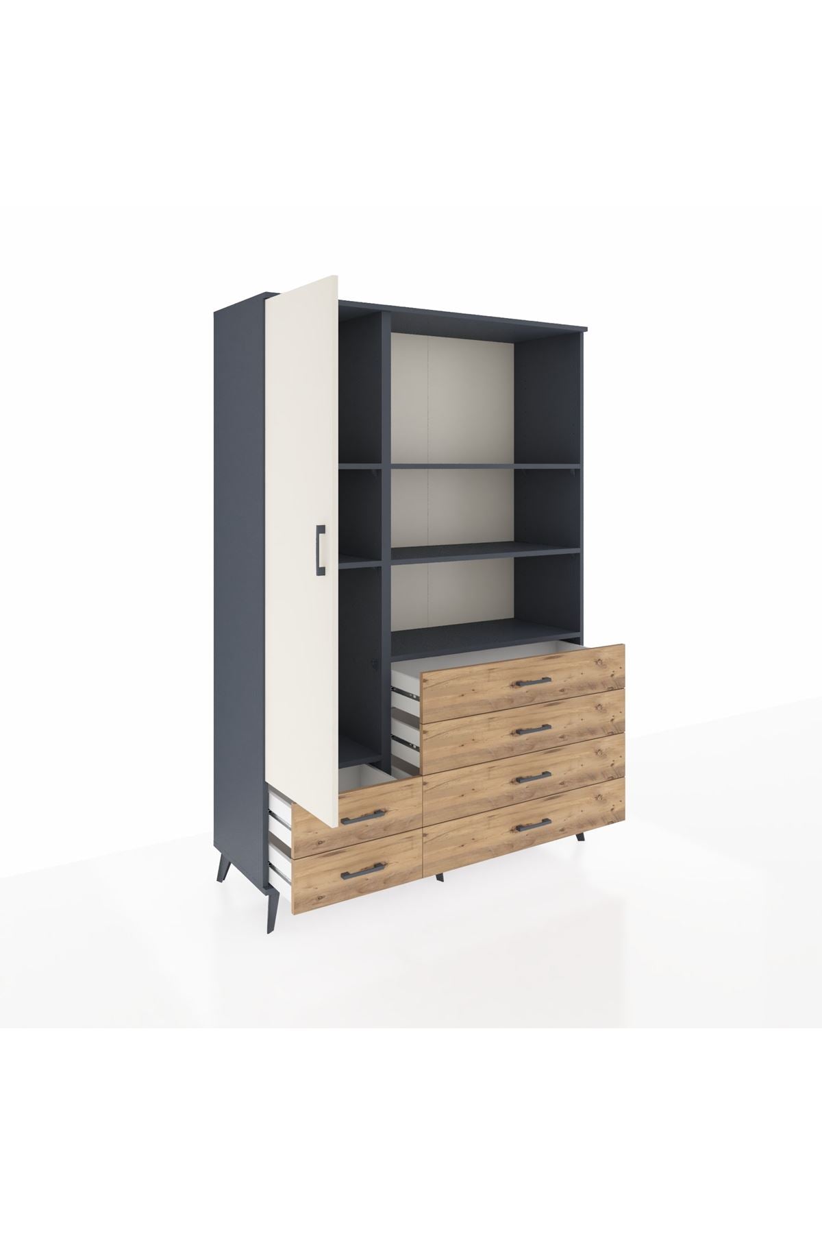 Hyperion Dolap 7 Raflı 6 Çekmeceli Tek Kapaklı  132x44x195 Antrasit-Aytaşı/Çam