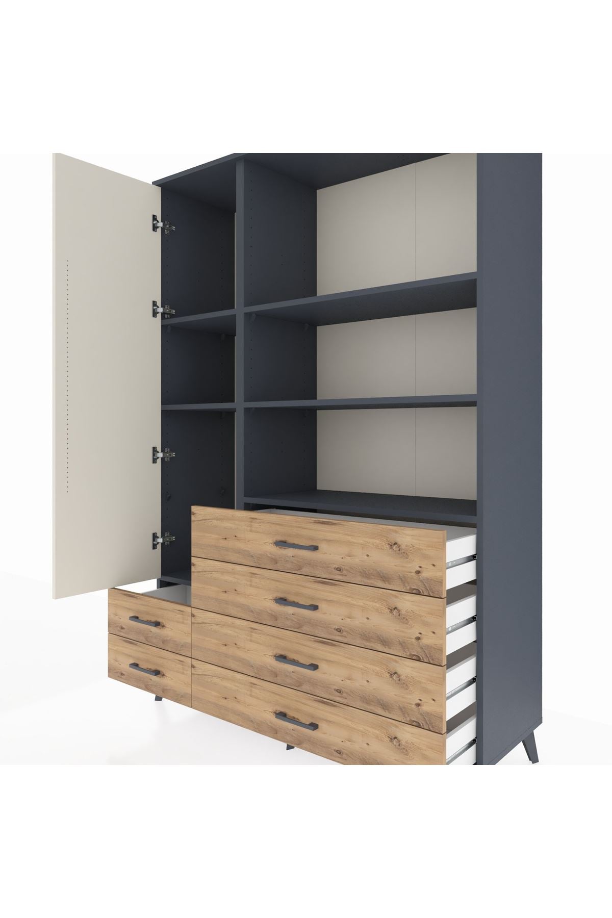 Hyperion Dolap 7 Raflı 6 Çekmeceli Tek Kapaklı  132x44x195 Antrasit-Aytaşı/Çam