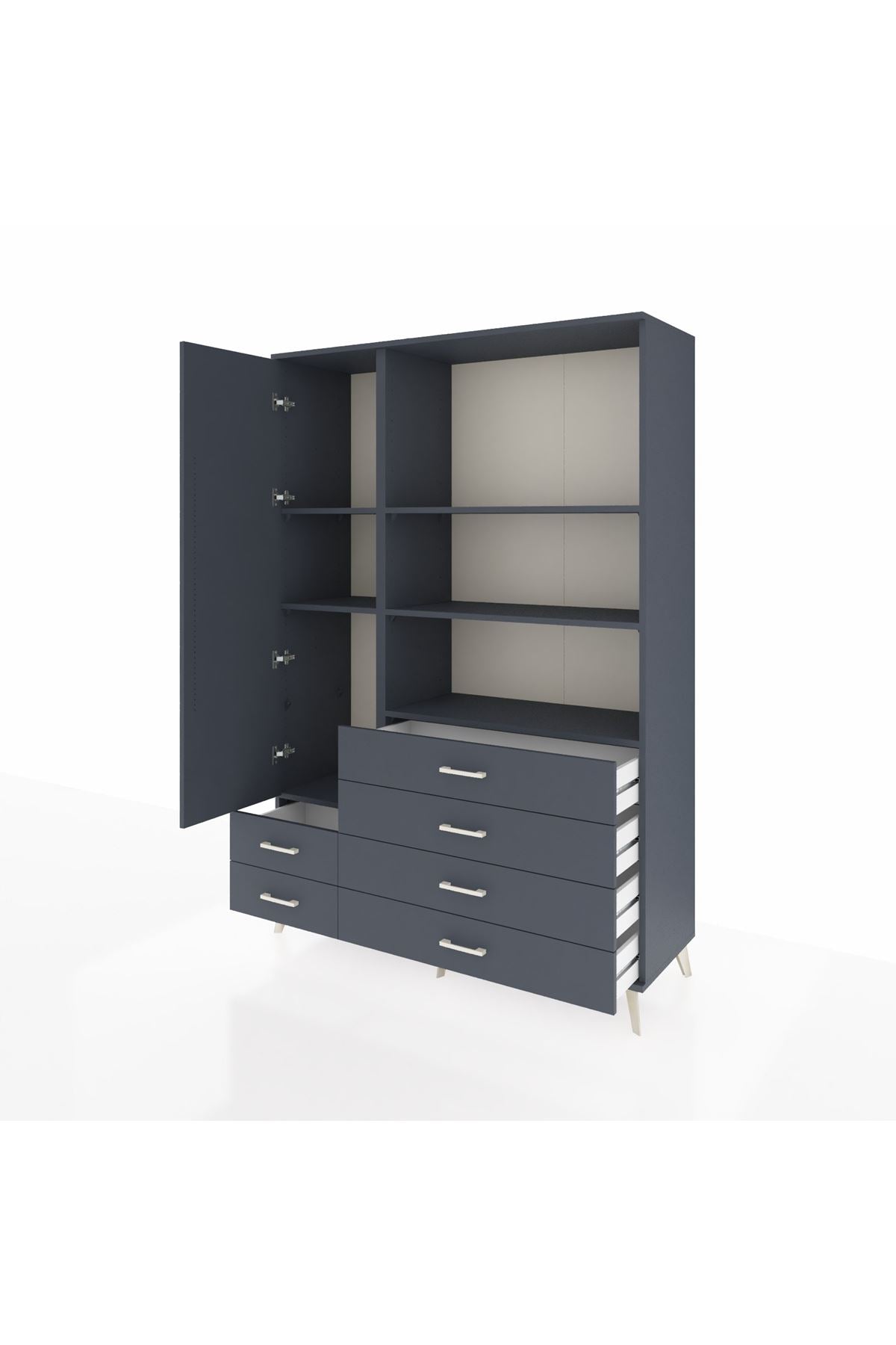 Hyperion Dolap 7 Raflı 6 Çekmeceli Tek Kapaklı  132x44x195 Antrasit-Antrasit/Antrasit