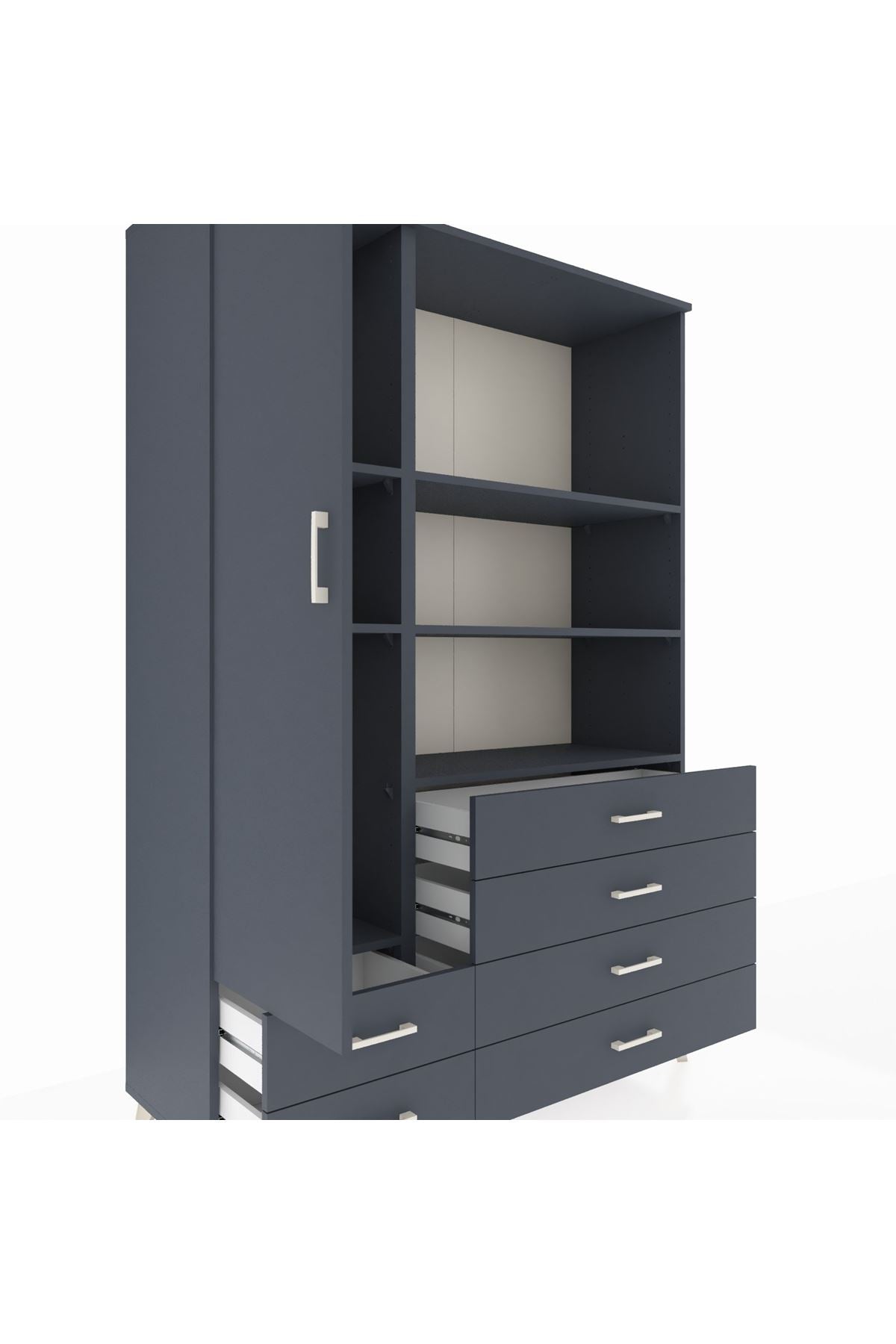 Hyperion Dolap 7 Raflı 6 Çekmeceli Tek Kapaklı  132x44x195 Antrasit-Antrasit/Antrasit