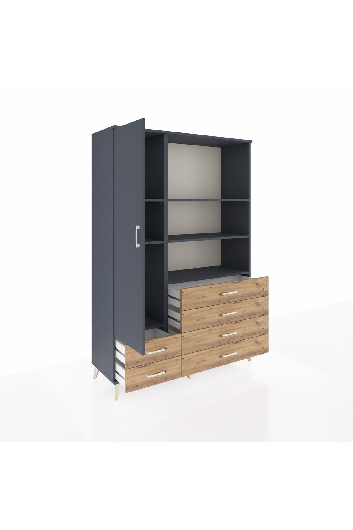 Hyperion Dolap 7 Raflı 6 Çekmeceli Tek Kapaklı  132x44x195 Antrasit-Antrasit/Çam