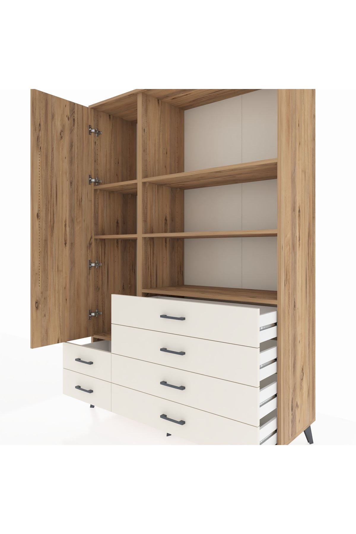 Hyperion Dolap 7 Raflı 6 Çekmeceli Tek Kapaklı  132x44x195 Çam-Çam/Aytaşı