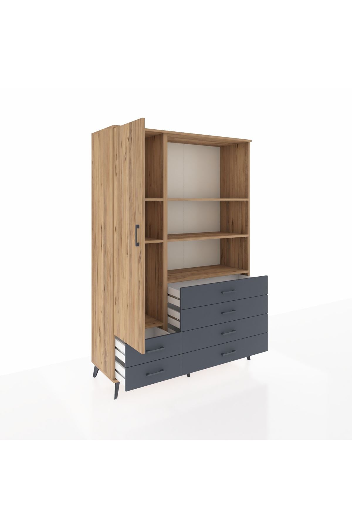 Hyperion Dolap 7 Raflı 6 Çekmeceli Tek Kapaklı  132x44x195 Çam-Çam/Antrasit