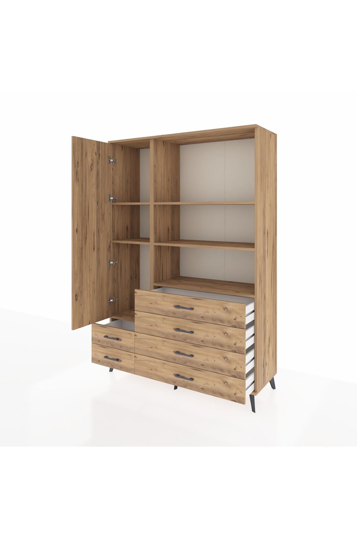 Hyperion Dolap 7 Raflı 6 Çekmeceli Tek Kapaklı  132x44x195 Çam-Çam/Çam