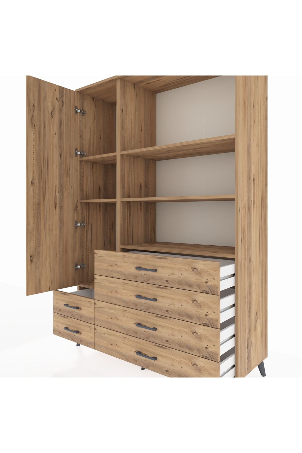 Hyperion Dolap 7 Raflı 6 Çekmeceli Tek Kapaklı  132x44x195 Çam-Çam/Çam